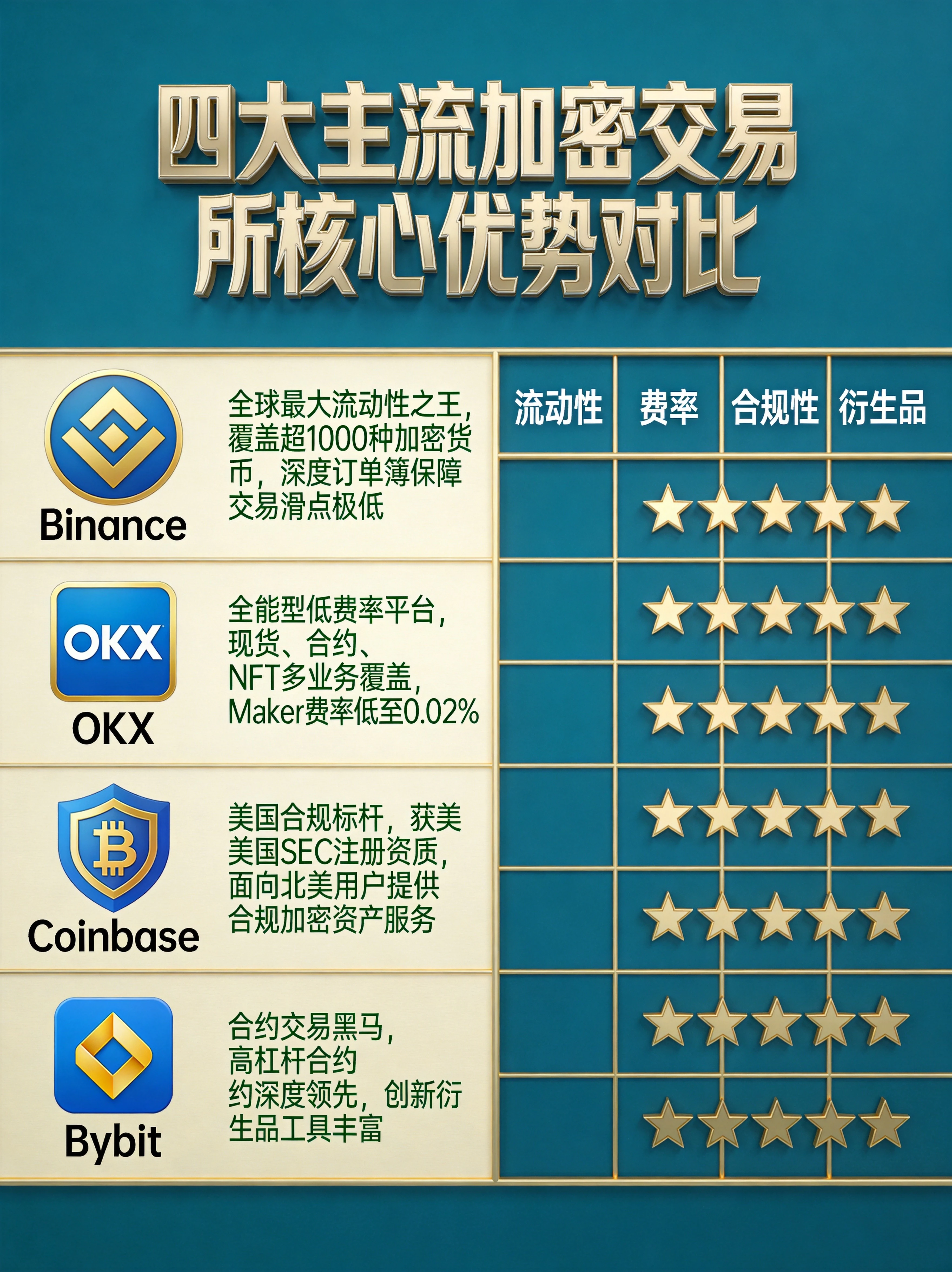 四大主流加密交易所核心优势对比图，展示Binance(全球最大流动性之王)、OKX(全能型低费率平台)、Coinbase(美国合规标杆)、Bybit(合约交易黑马)，每个平台配有logo和核心优势说明