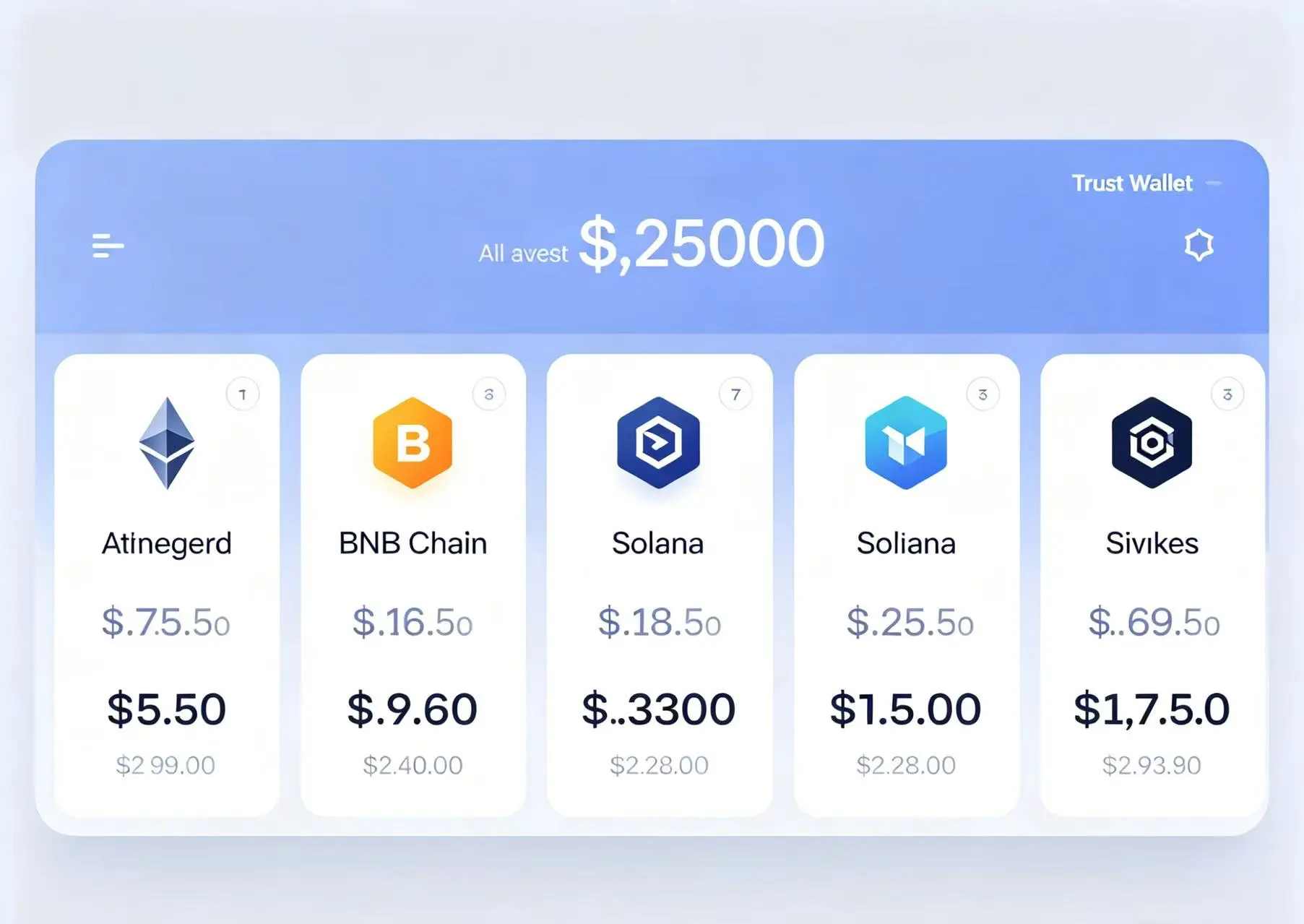 Trust Wallet 多链资产管理界面示意图，直观呈现多链资产统一管理效果