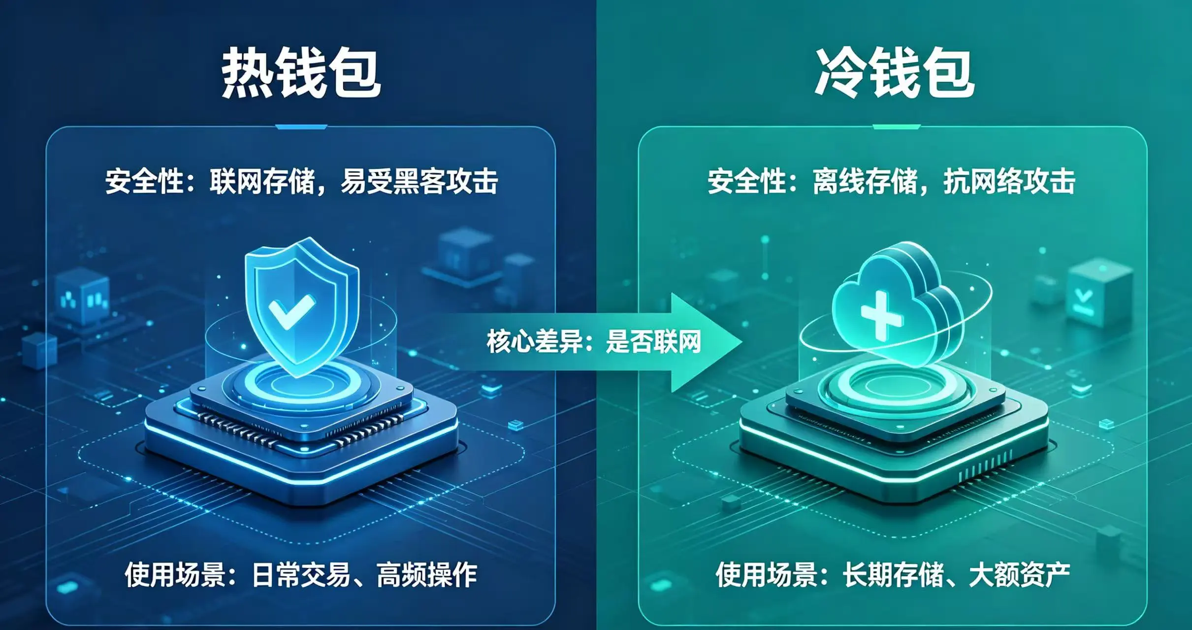 热钱包和冷钱包对比示意图,展示安全性与使用场景差异 热钱包和冷钱包对比示意图,展示安全性与使用场景差异