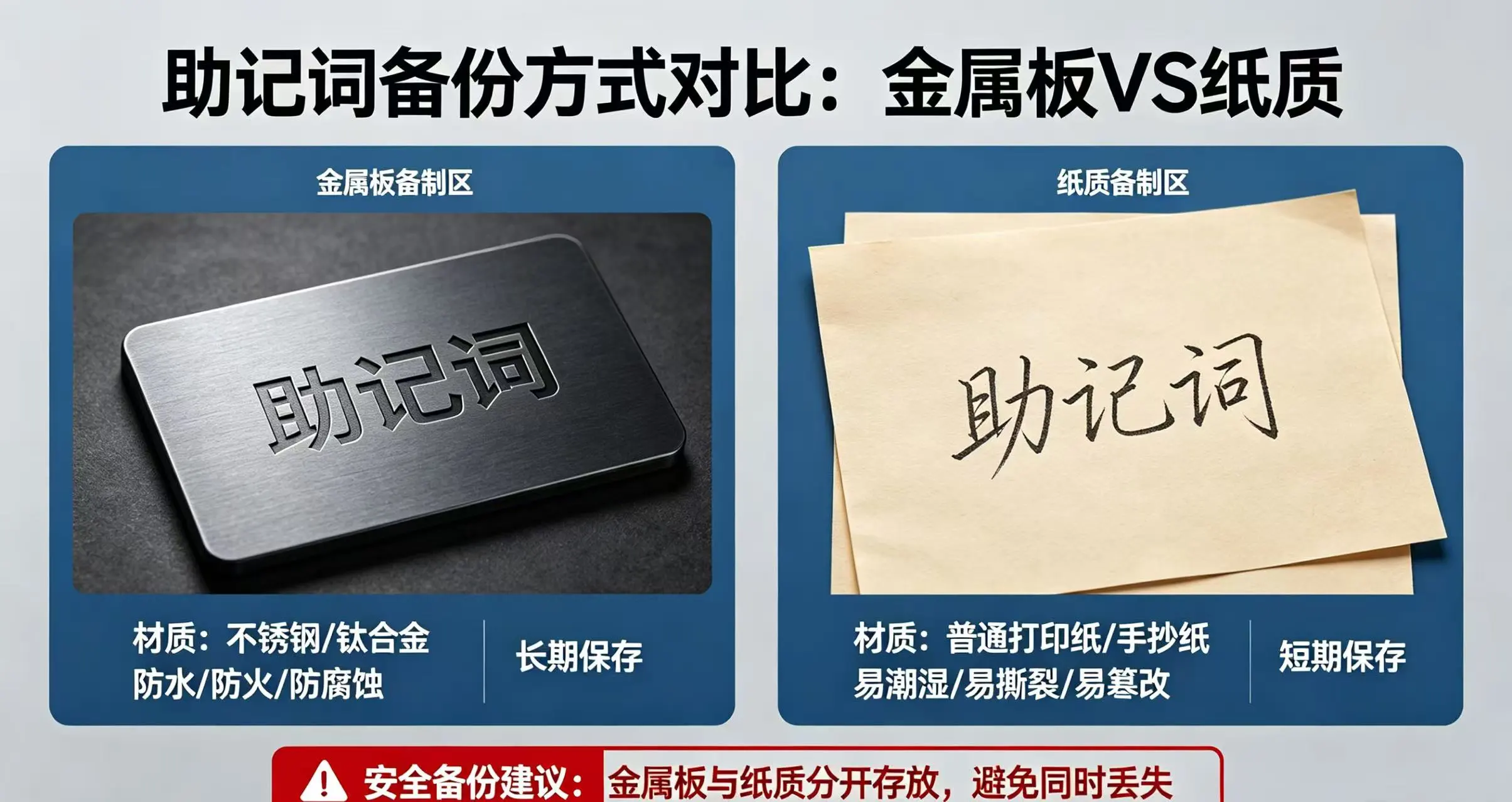 助记词金属板与纸质备份对比,强调安全备份要点 助记词金属板与纸质备份对比,强调安全备份要点