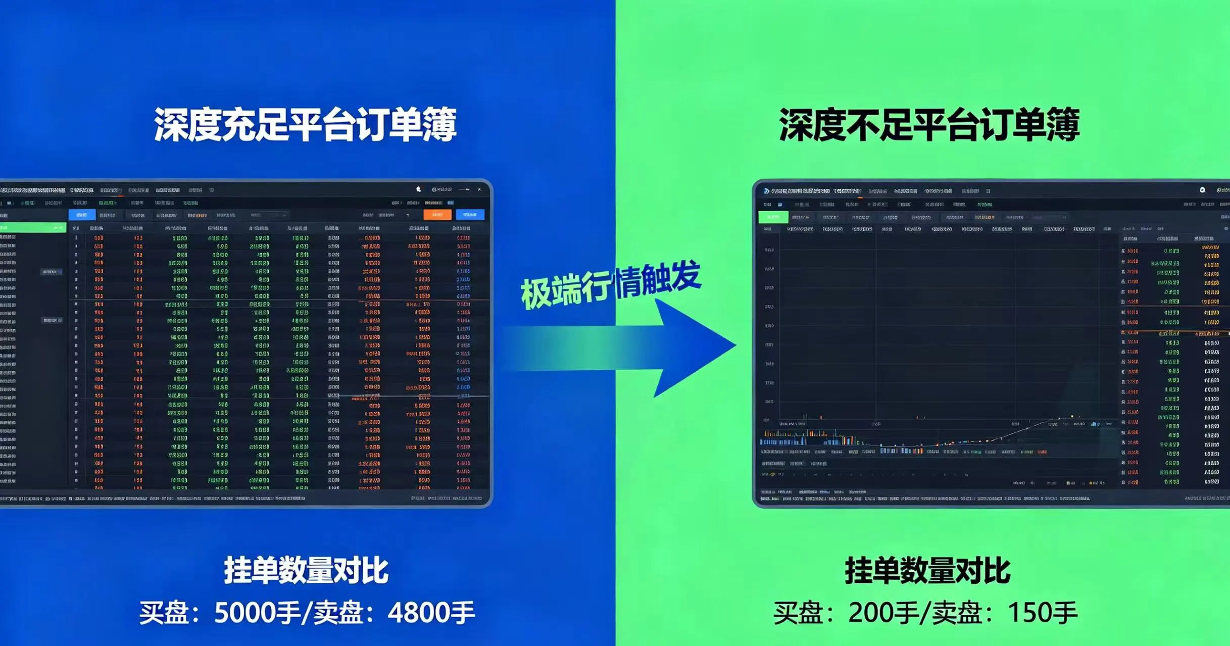 极端行情下深度充足和不足平台的订单簿状态对比 极端行情下深度充足和不足平台的订单簿状态对比