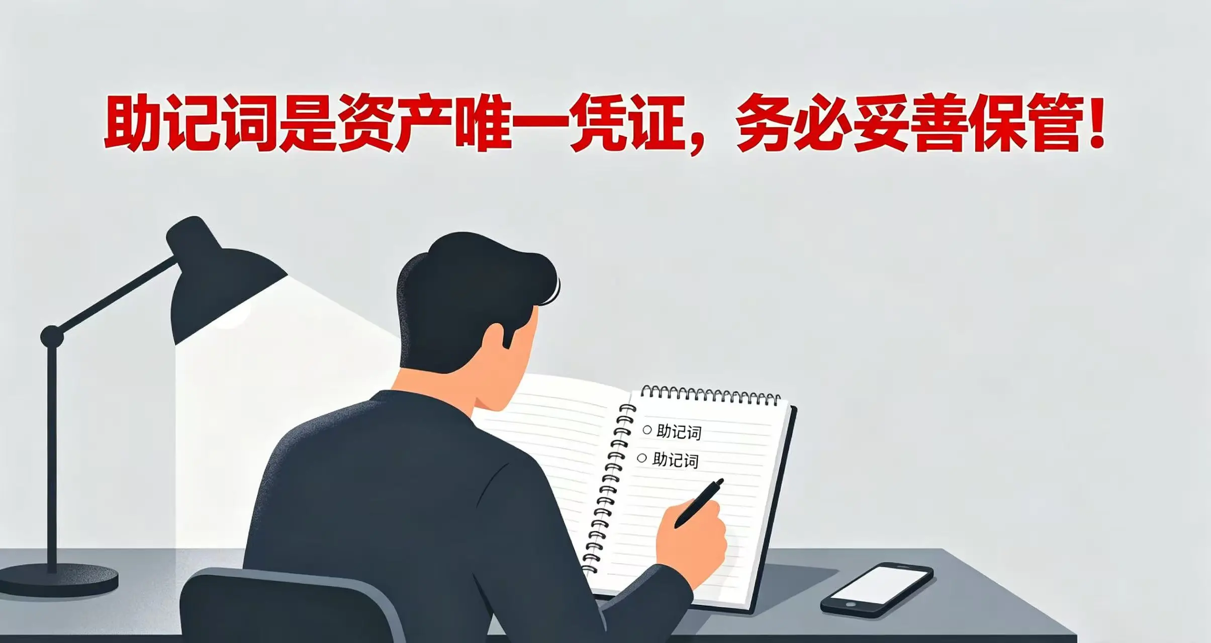 用户记录助记词,强调助记词保管的重要性 用户记录助记词,强调助记词保管的重要性