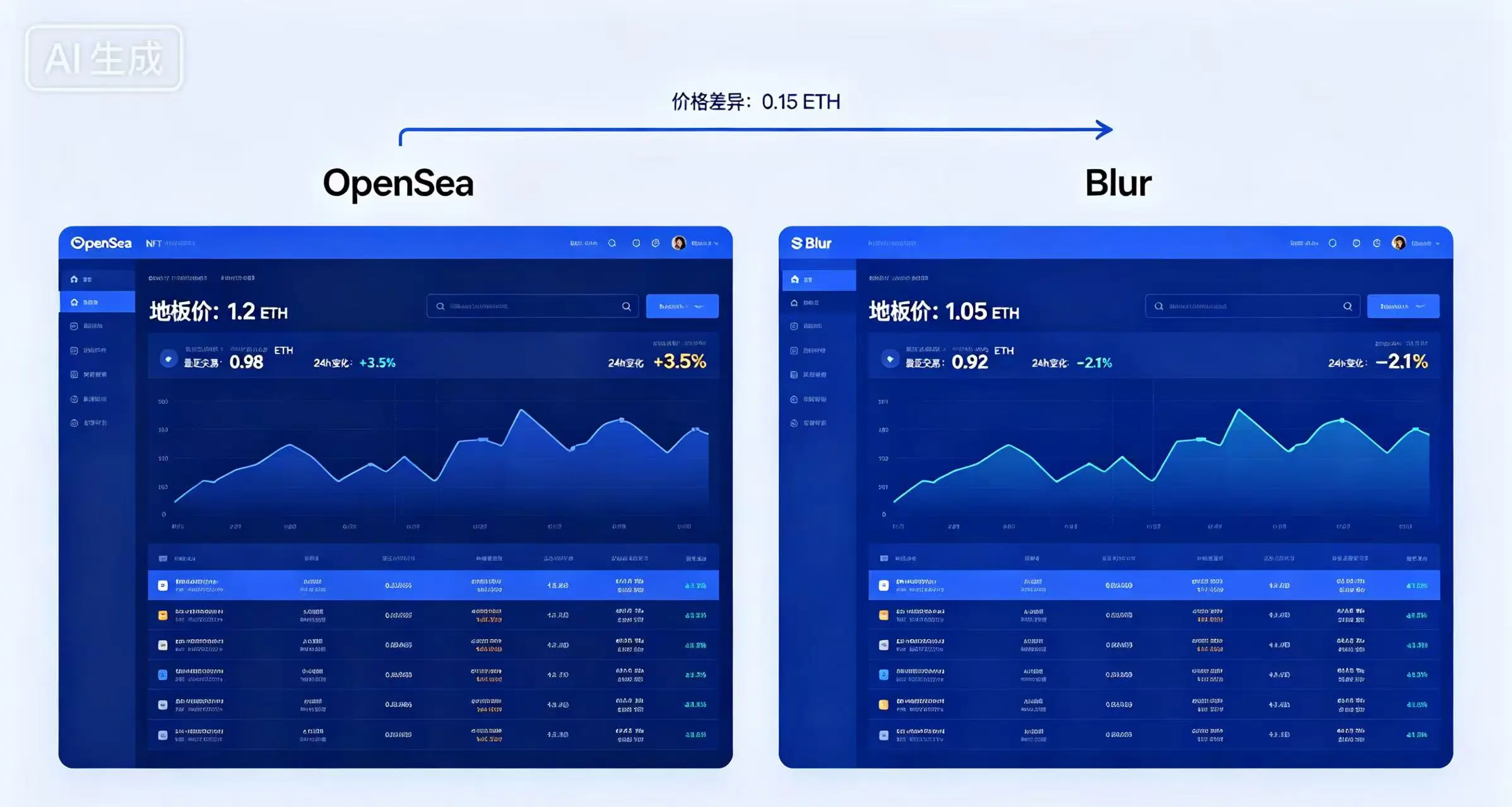 OpenSea 和 Blur 的 NFT 地板价查询界面对比 OpenSea 和 Blur 的 NFT 地板价查询界面对比