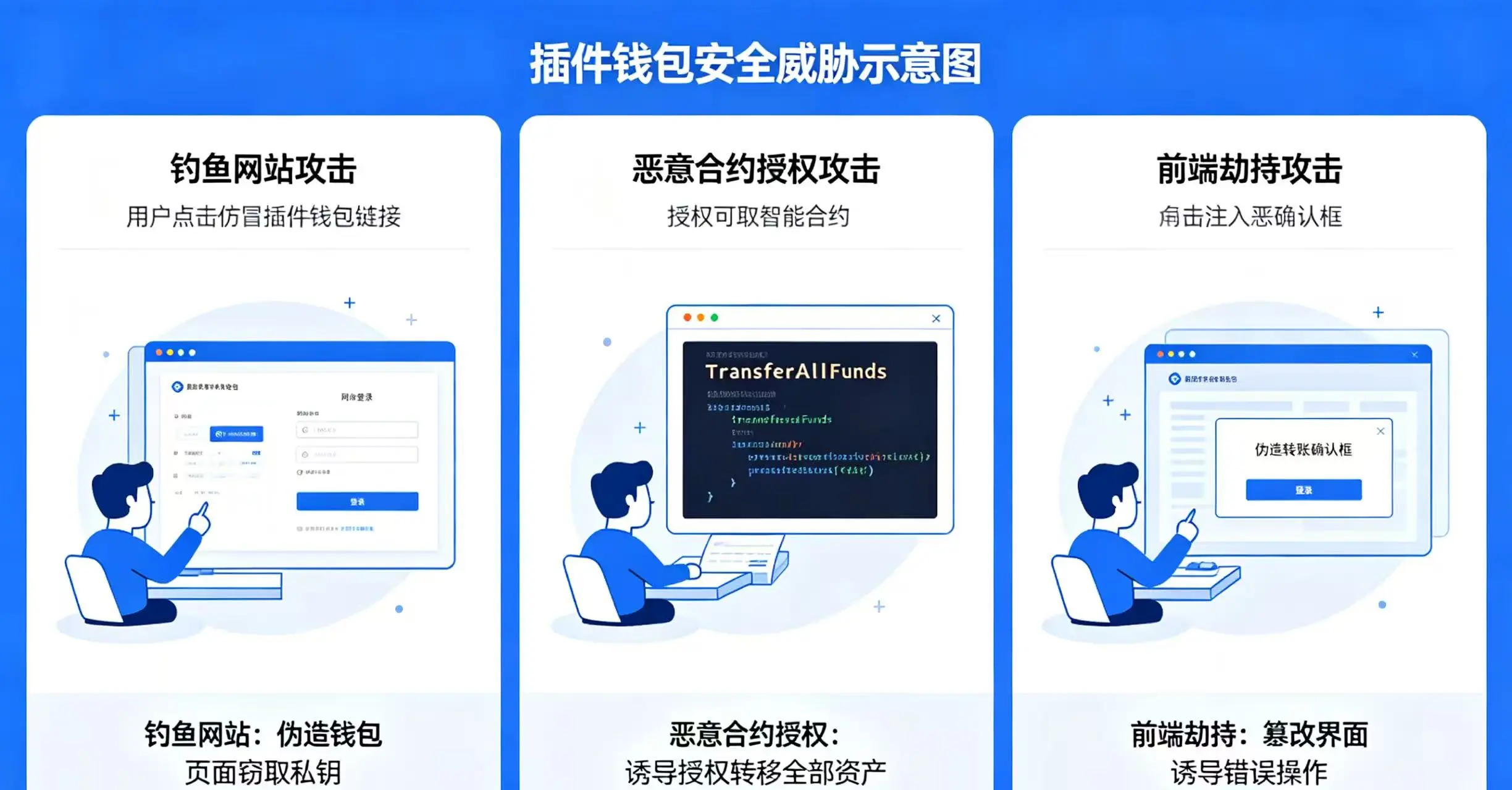 插件钱包安全威胁示意图,展示钓鱼网站、恶意合约授权、前端劫持三种常见攻击方式 插件钱包安全威胁示意图,展示钓鱼网站、恶意合约授权、前端劫持三种常见攻击方式