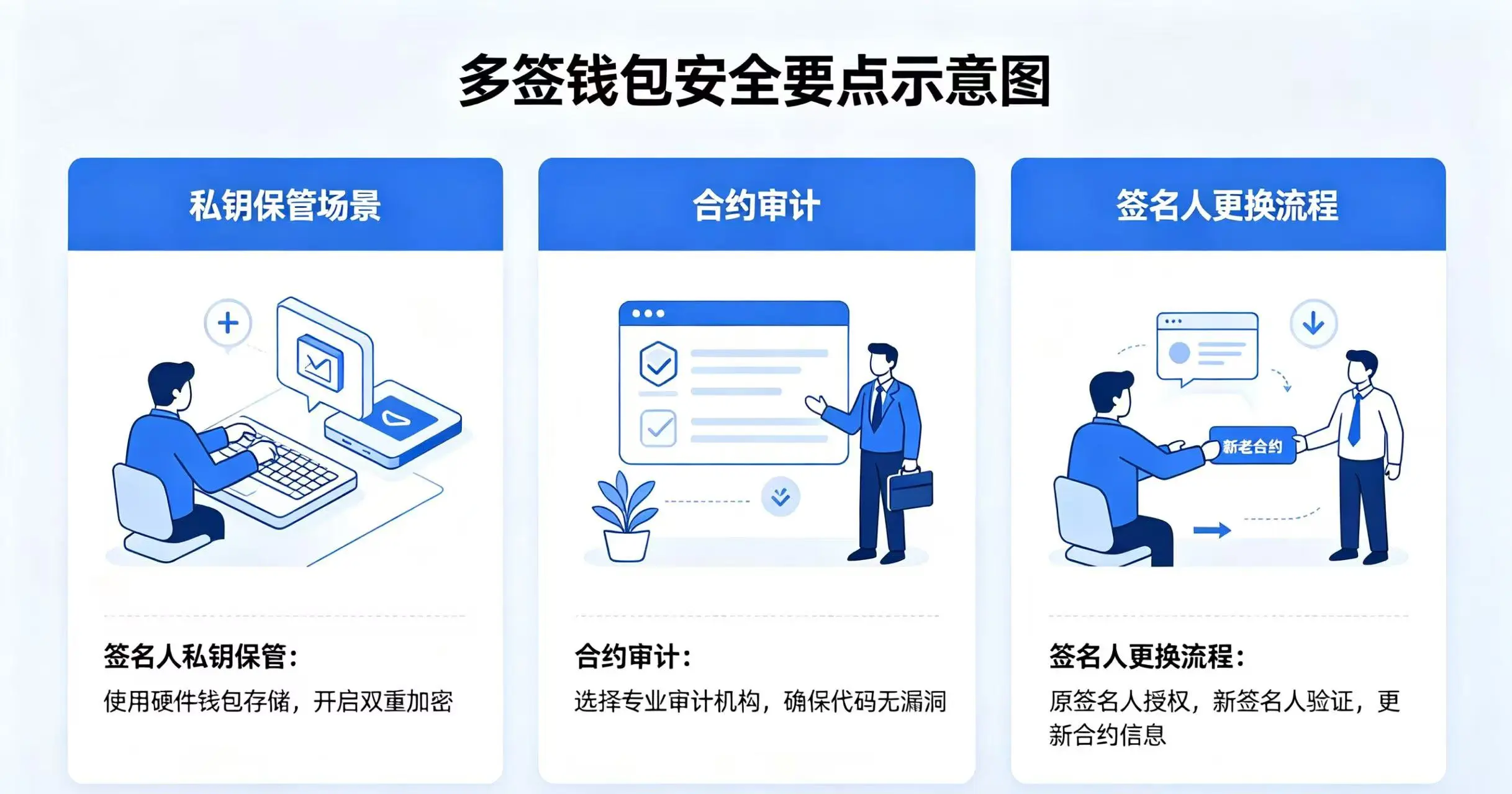 多签钱包安全要点示意图，清晰展示签名人私钥保管、合约审计、签名人更换流程等关键安全提醒