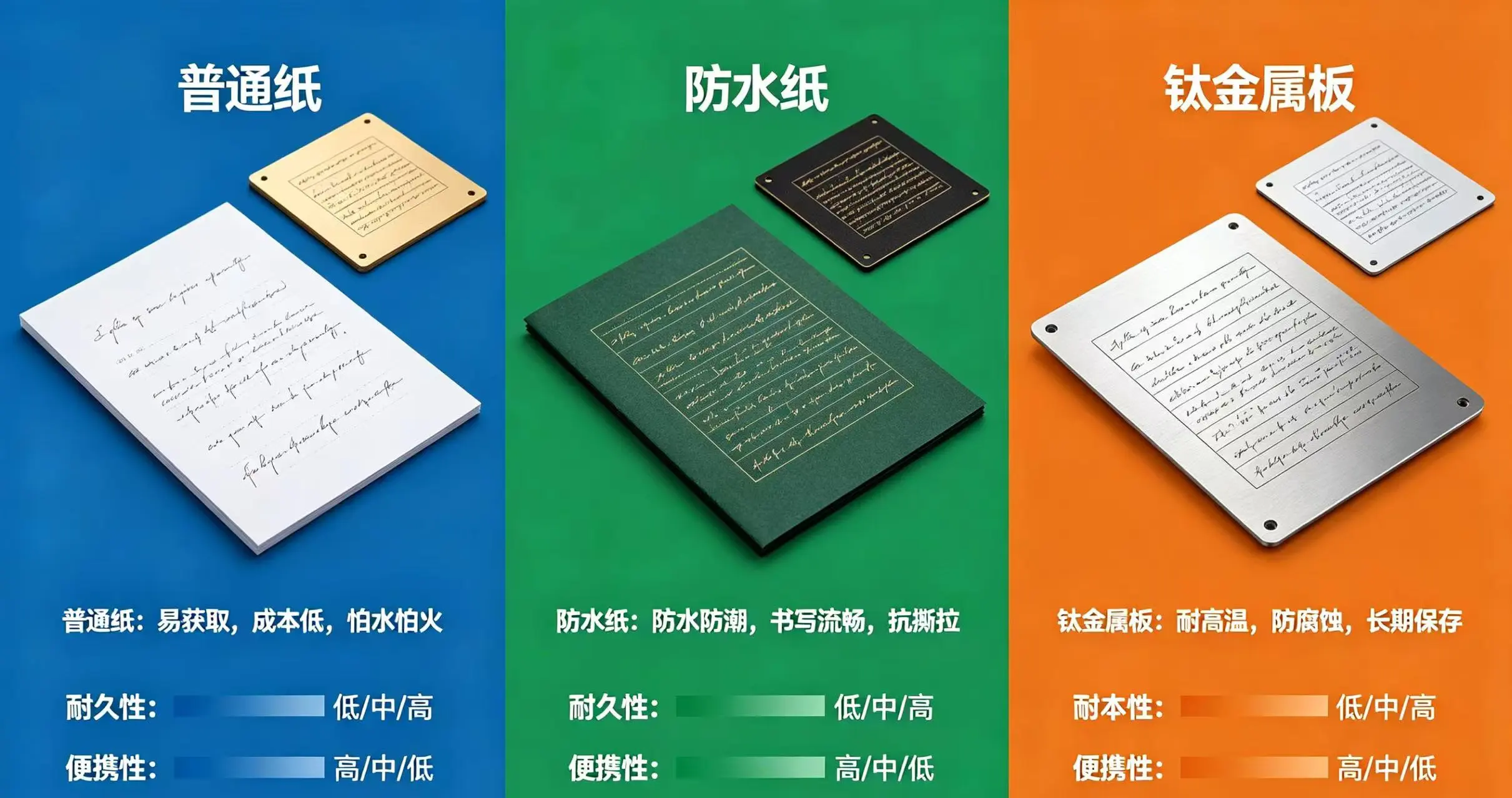 不同助记词备份介质(普通纸、防水纸、钛金属板)对比信息图 不同助记词备份介质(普通纸、防水纸、钛金属板)对比信息图