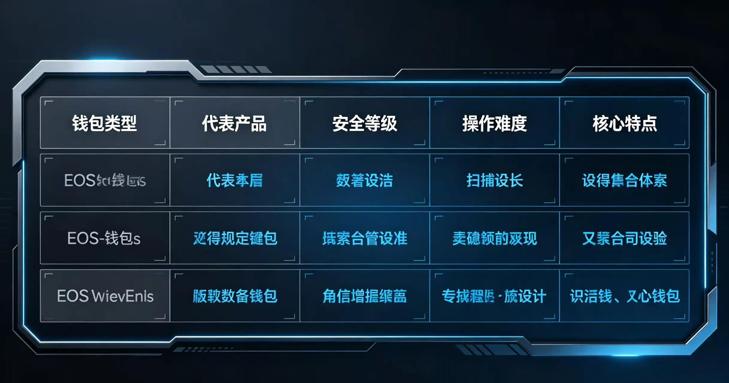  对比移动端、插件、硬件、官方、交易所等不同类型 EOS 钱包的安全等级、操作难度和核心特点的表格。