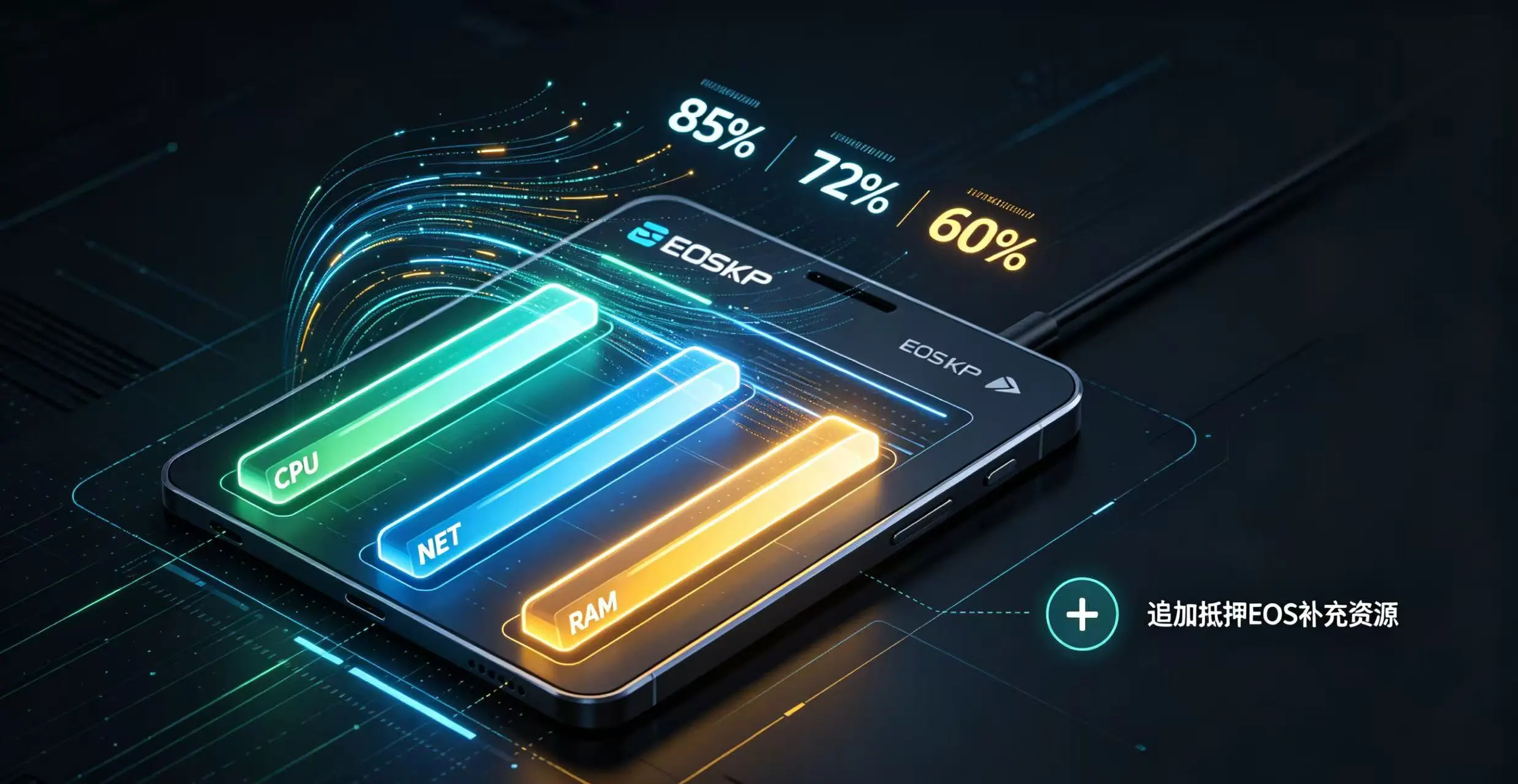 ： 展示 EOS 账户的 CPU、NET、RAM 三条能量条，并提示可追加抵押 EOS 补充资源的示意图。