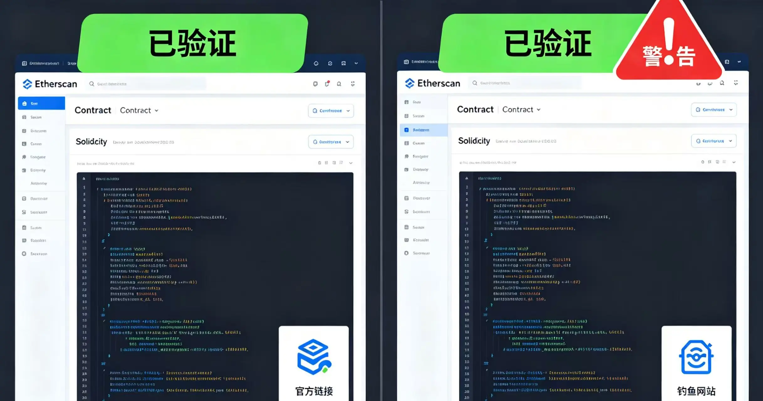 对比展示真实的 Etherscan 验证与虚假验证的区别,提醒用户警惕钓鱼网站和伪造信息。 对比展示真实的 Etherscan 验证与虚假验证的区别,提醒用户警惕钓鱼网站和伪造信息。