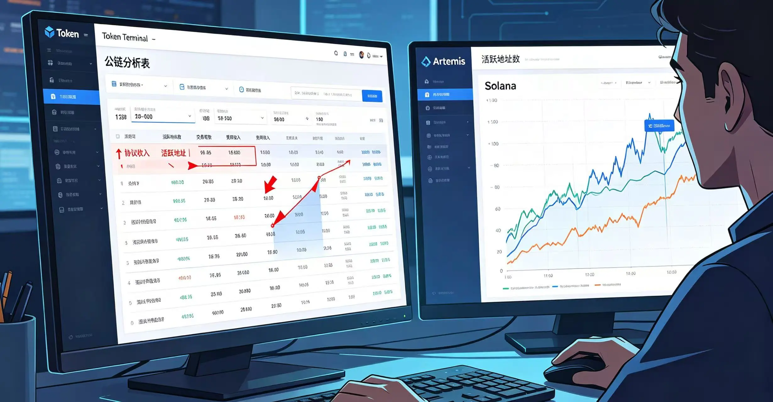 对比展示 Token Terminal 的财务报表视角与 Artemis 的多链对比折线图视角,帮助用户从不同维度分析公链活跃度。 对比展示 Token Terminal 的财务报表视角与 Artemis 的多链对比折线图视角,帮助用户从不同维度分析公链活跃度。
