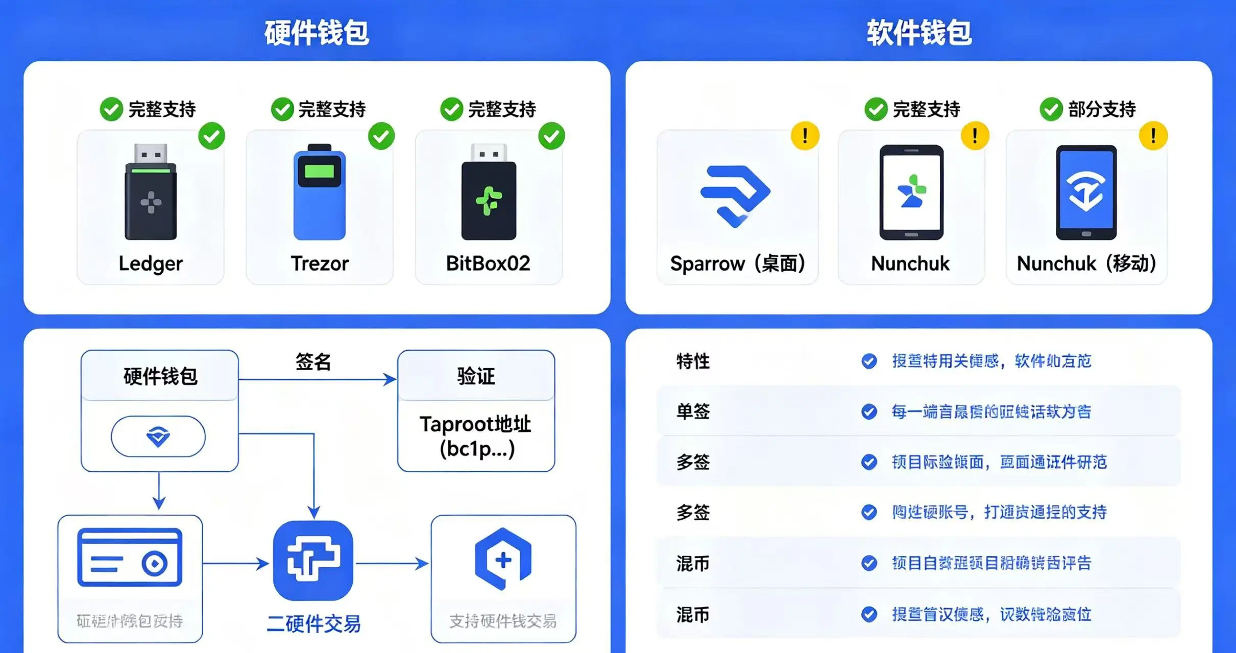 硬件与软件钱包 Taproot 支持对比图 硬件与软件钱包 Taproot 支持对比图