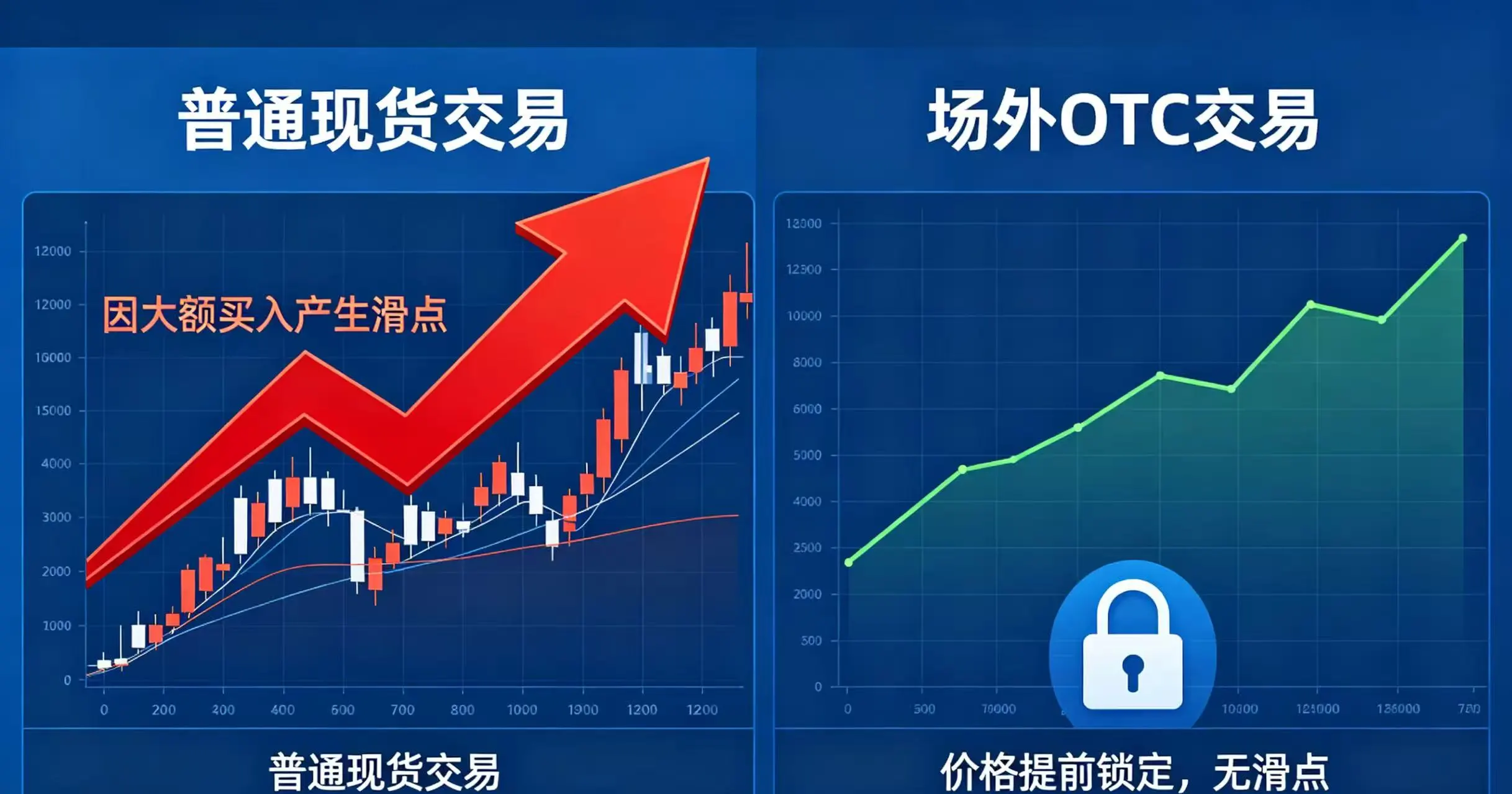 画面一分为二，左边是普通现货交易，K 线图上有巨大红色箭头表示滑点；右边是 OTC 交易，绿色价格线平稳，有锁头图标表示价格锁定。