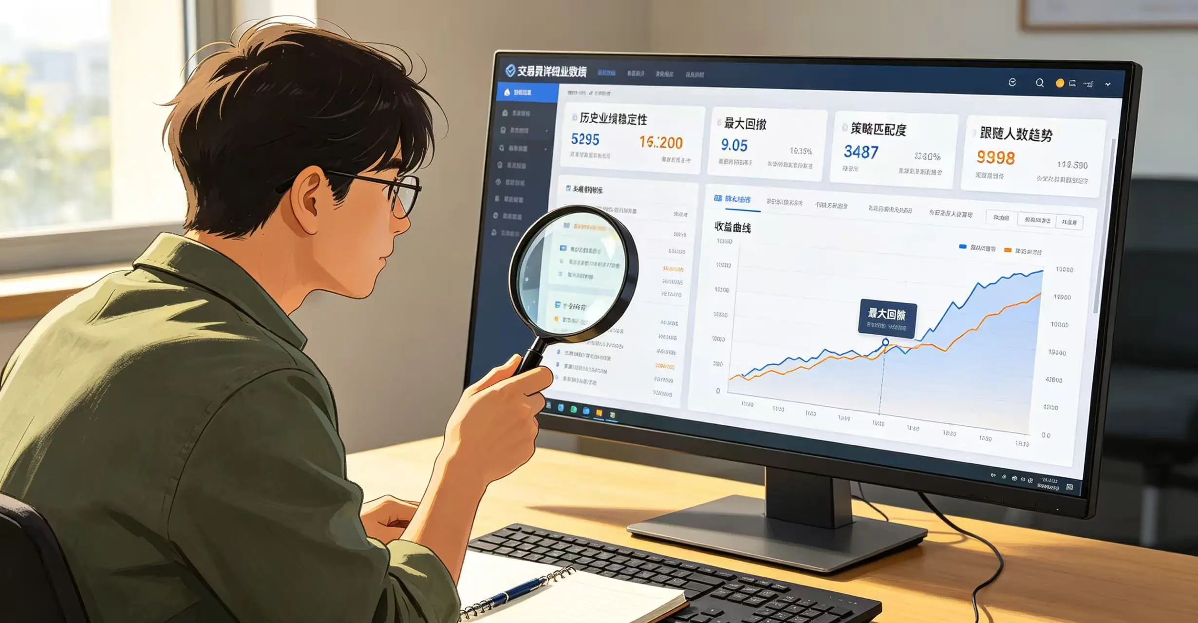 展示一位用户正在仔细分析交易员的历史业绩、回撤率等关键指标,以做出明智的跟单选择。 展示一位用户正在仔细分析交易员的历史业绩、回撤率等关键指标,以做出明智的跟单选择。
