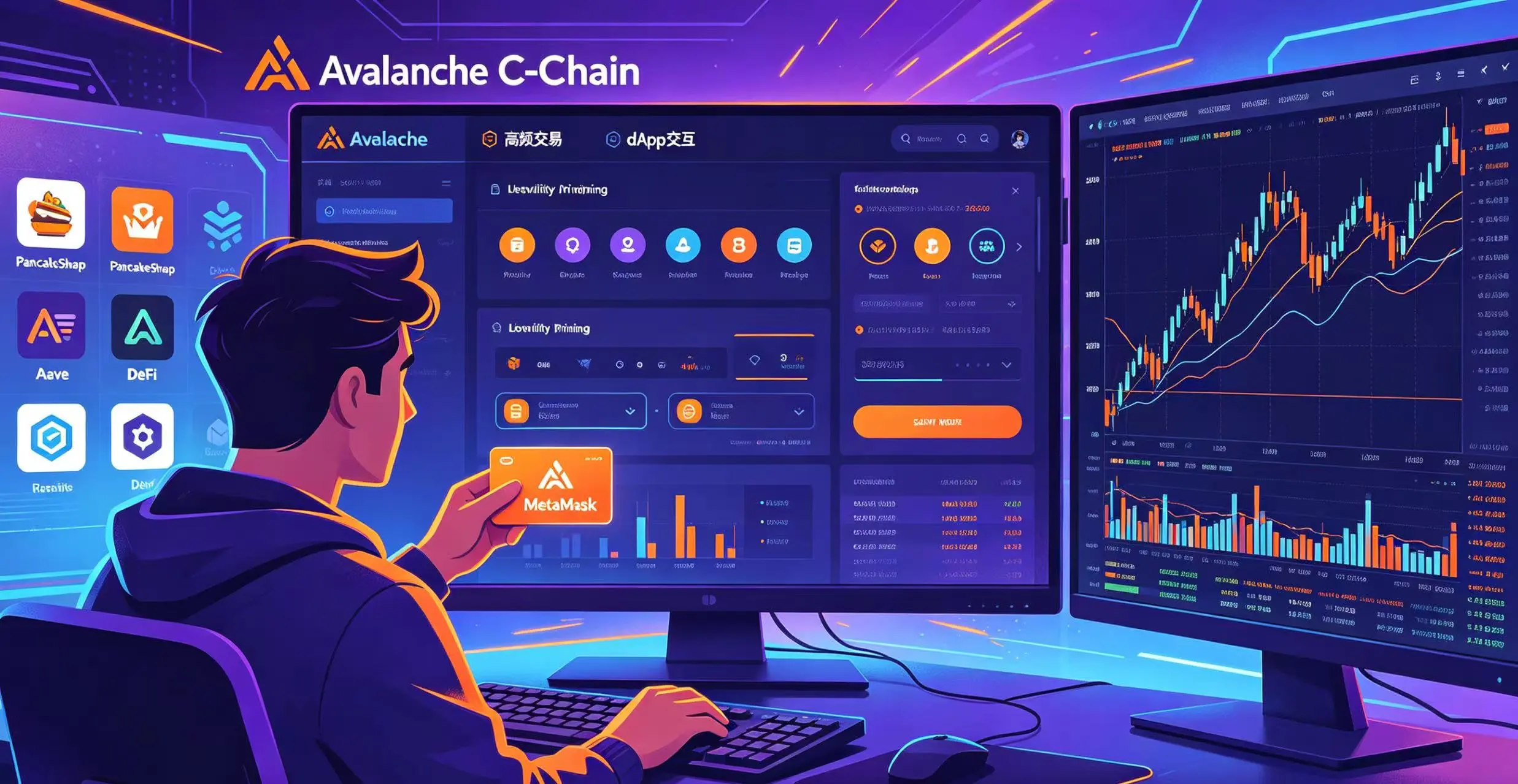 展示一个用户正在使用 MetaMask 或 Trust Wallet 等热钱包,在 Avalanche 网络上流畅地进行 DeFi 交易(如兑换、借贷)和 NFT 操作的场景。 展示一个用户正在使用 MetaMask 或 Trust Wallet 等热钱包,在 Avalanche 网络上流畅地进行 DeFi 交易(如兑换、借贷)和 NFT 操作的场景。