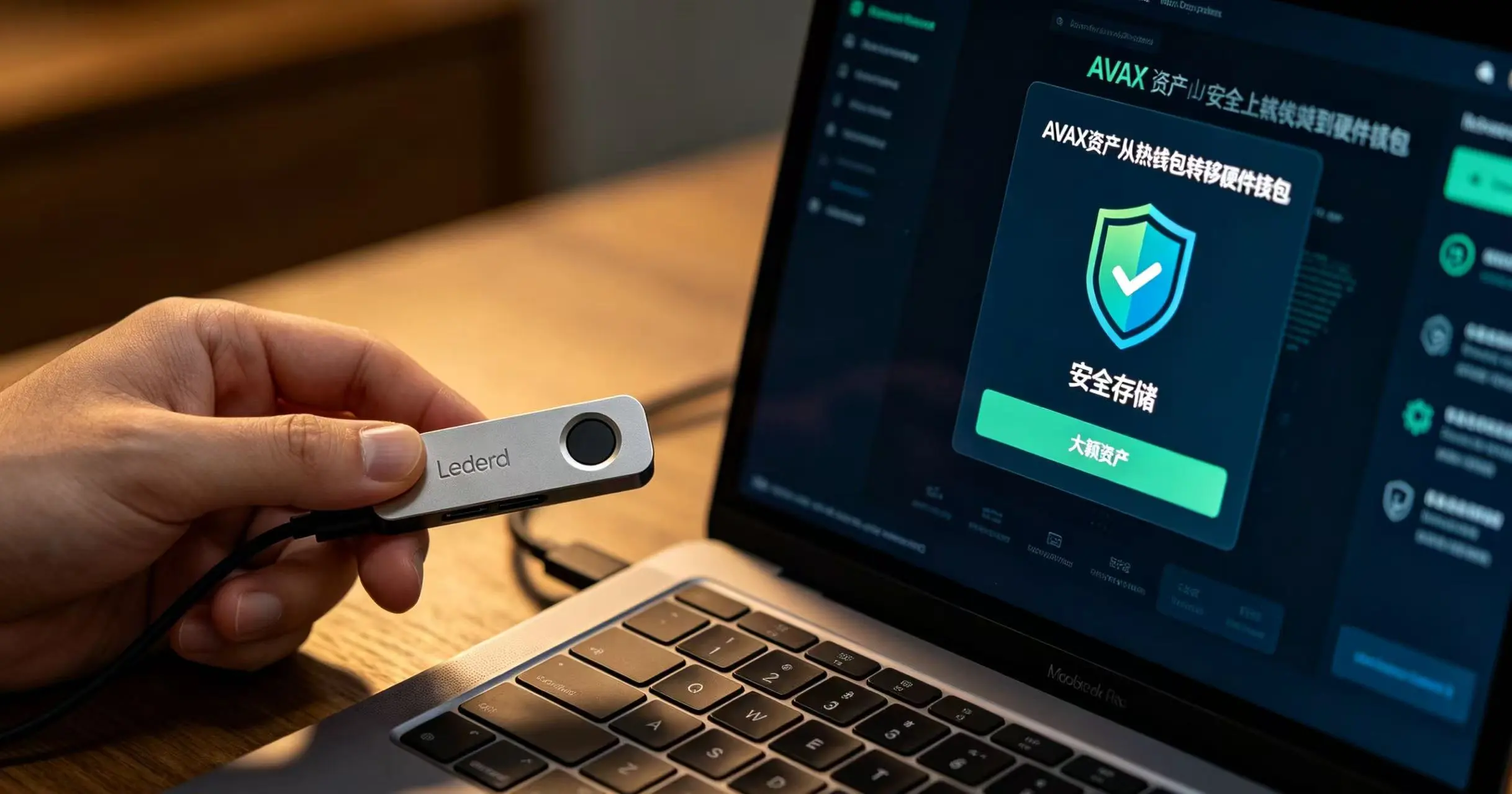 展示一个用户将大额 AVAX 资产从热钱包转移到 Ledger 或 Trezor 等硬件钱包中的场景,画面突出 “离线存储” 和 “最高安全级别” 的特点。 展示一个用户将大额 AVAX 资产从热钱包转移到 Ledger 或 Trezor 等硬件钱包中的场景,画面突出 “离线存储” 和 “最高安全级别” 的特点。