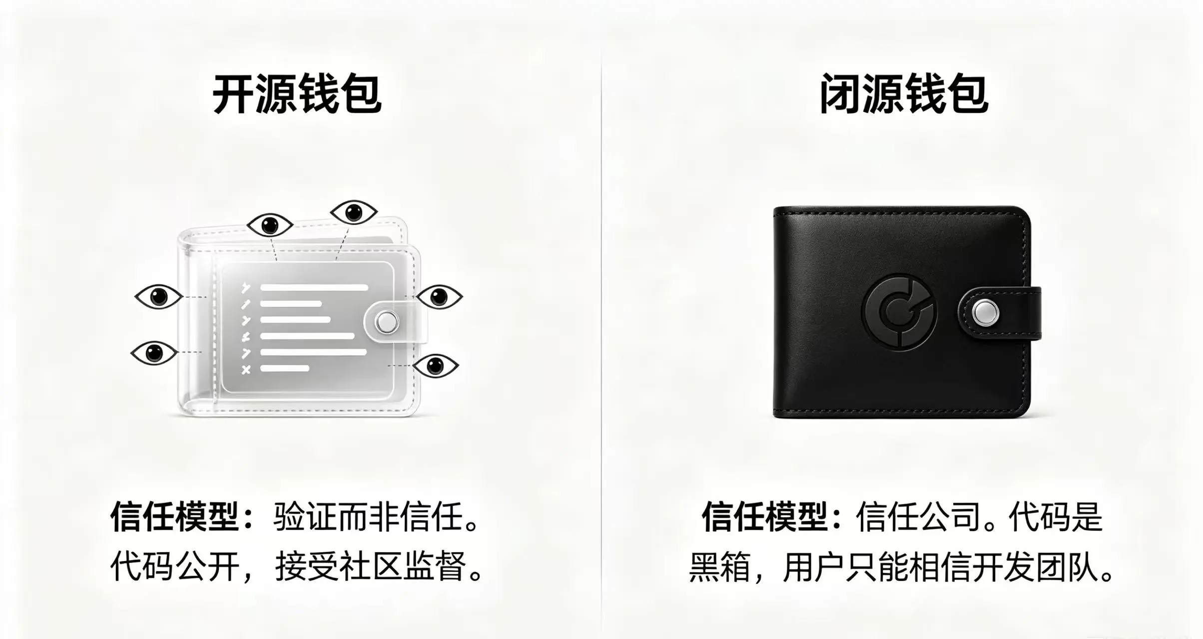 可视化展示开源钱包和闭源钱包的两种不同信任模型