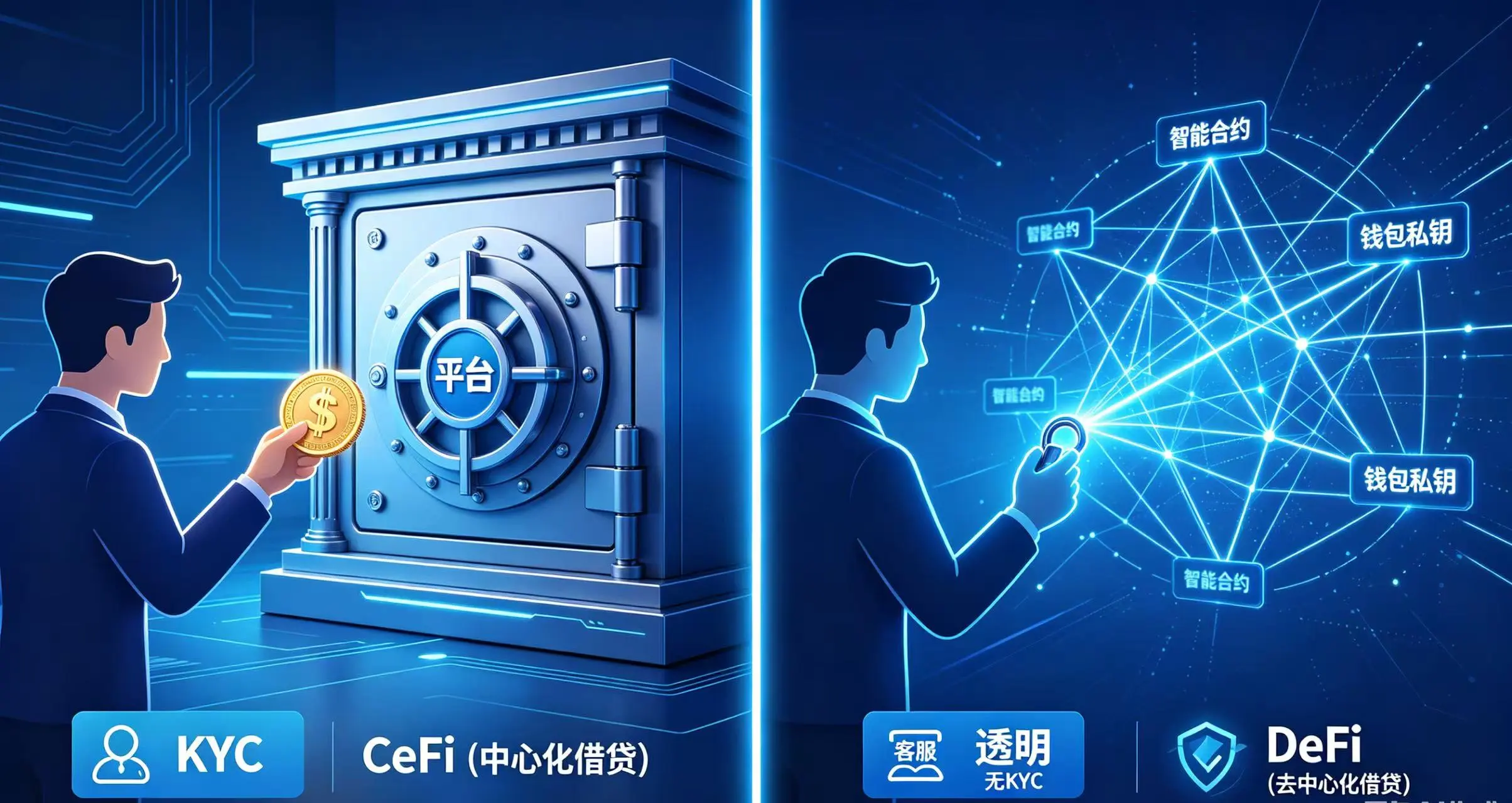对比风格的画面,形象地展示中心化(CeFi)和去中心化(DeFi)借贷平台在资产保管和风险上的本质区别。 对比风格的画面,形象地展示中心化(CeFi)和去中心化(DeFi)借贷平台在资产保管和风险上的本质区别。