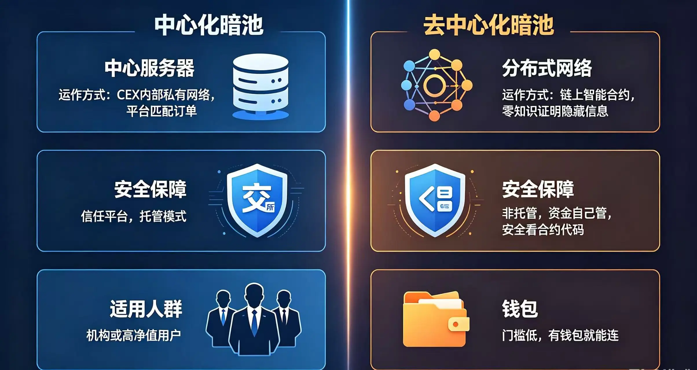 “中心化暗池” 和 “去中心化暗池” 在 “运作方式”、“安全保障” 和 “适用人群” 三个关键维度上的不同 “中心化暗池” 和 “去中心化暗池” 在 “运作方式”、“安全保障” 和 “适用人群” 三个关键维度上的不同