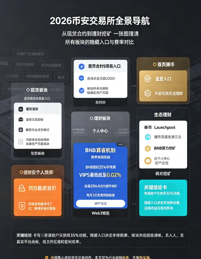 2026比安交易所全景导航：从现货、合约到理财挖矿，一张图理清所有板块的隐藏入口与费率对比